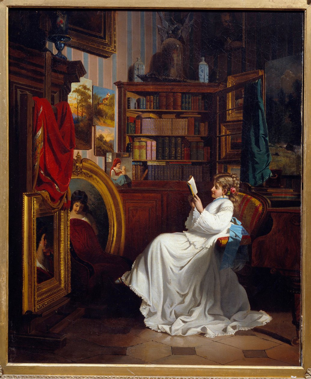Girl Reading a Book in an Office by French School