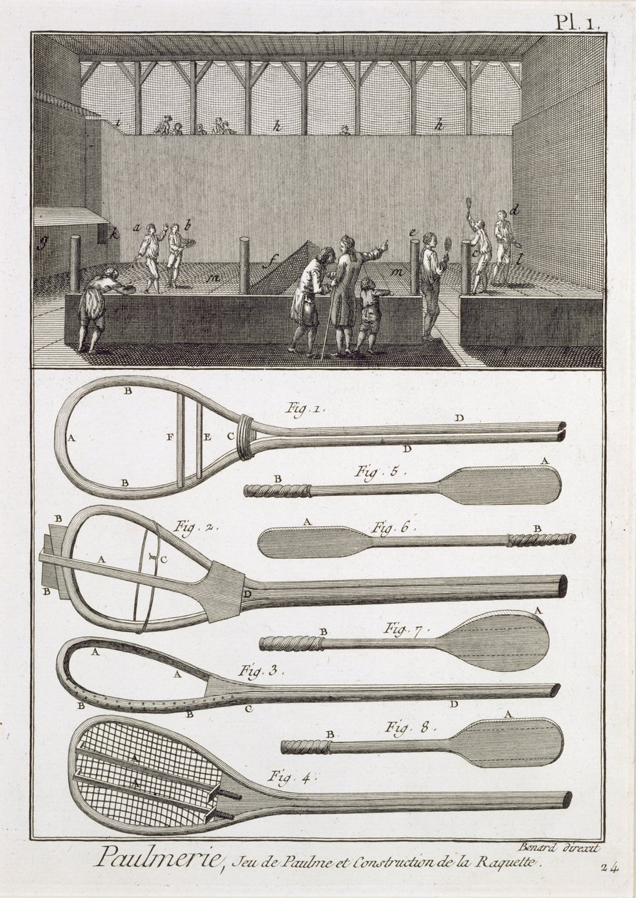 Real tennis and the construction of racquets, from the Encyclopedia by Denis Diderot, engraved by Robert Benard, published c.1770 by French School