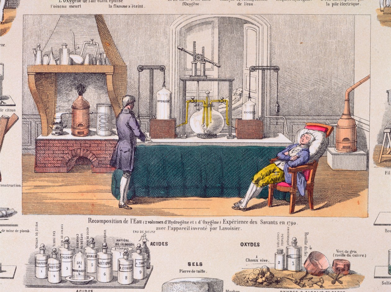 Recomposition of Water from Hydrogen and Oxygen: Antoine Laurent de Lavoisier (1743-94) Experimenting on the Respiration of a Resting Man, Illustration from an Educational Plate, c.1860 by French School