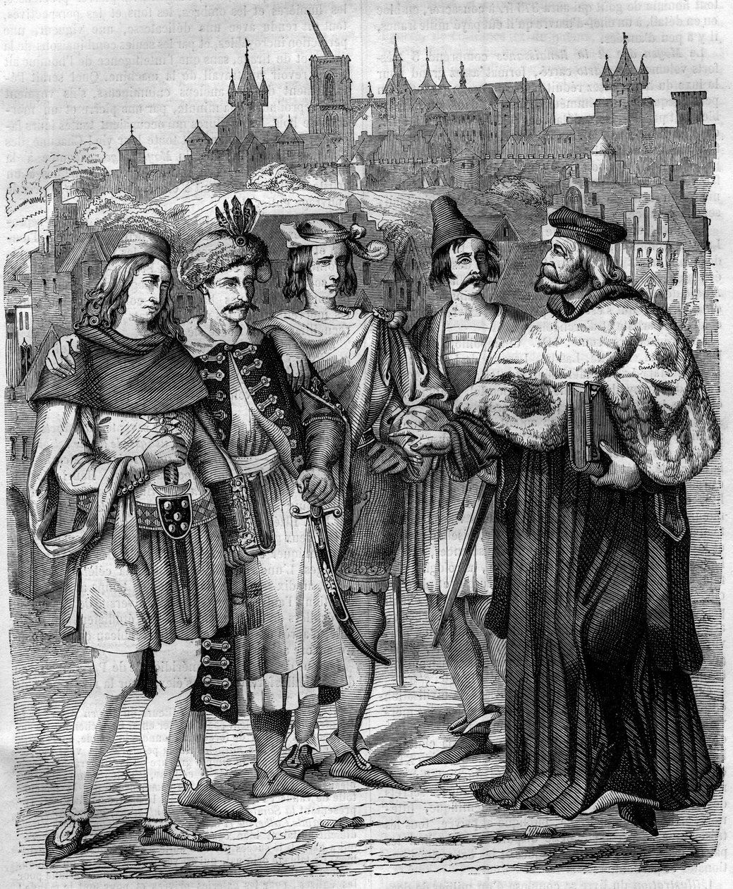 Rector and students of various nations at the University of Prague in the 17th century. Engraving from 1852. by French School