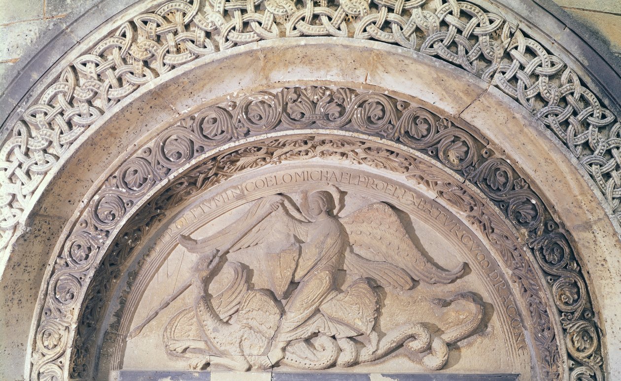 Relief from the tympanum depicting St. Michael and the dragon by French School
