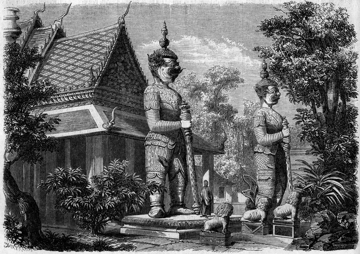 Religious Architecture: Exterior View of a Pagoda in Bangkok (Siam) in 1861. Engraving in 