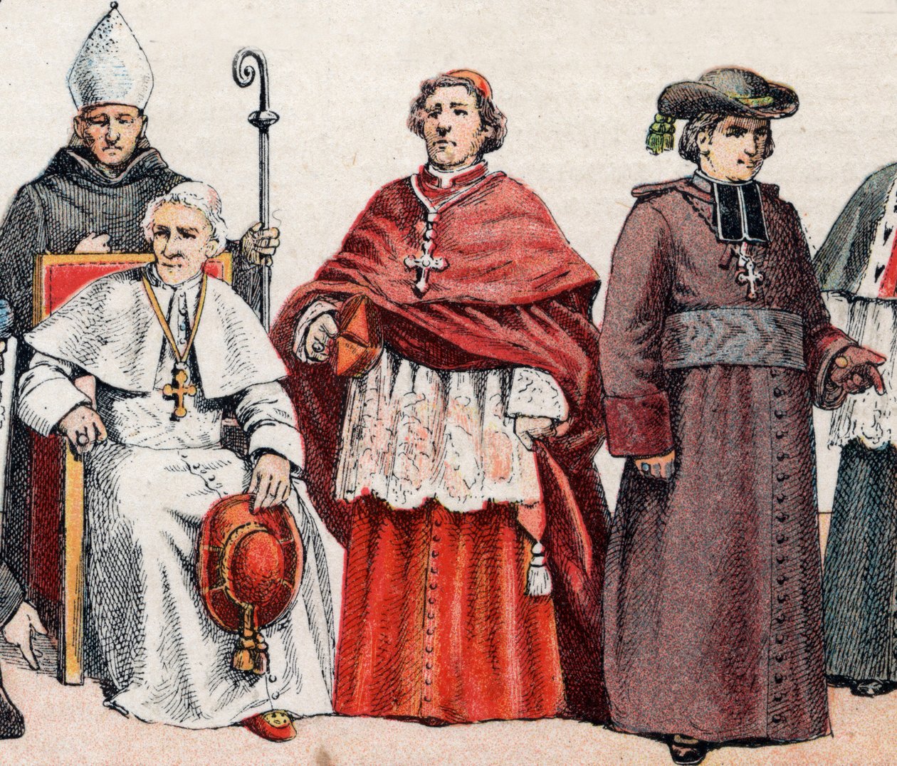 Religious costumes: bishop with mitre and crosier, Pope Leo XIII, cardinal in prelatice screed, and bishop in coat by French School
