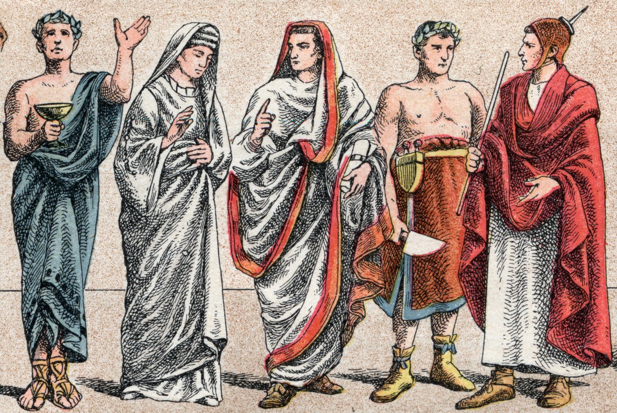 Religious costumes in Antiquity: portrait of a Greek priest, minister of sacrifice, a vestal, priestess of ancient Rome and a Great Pontiff in ancient Rome, a popa and a flamen Roman priest devoted to the worship of one god by French School