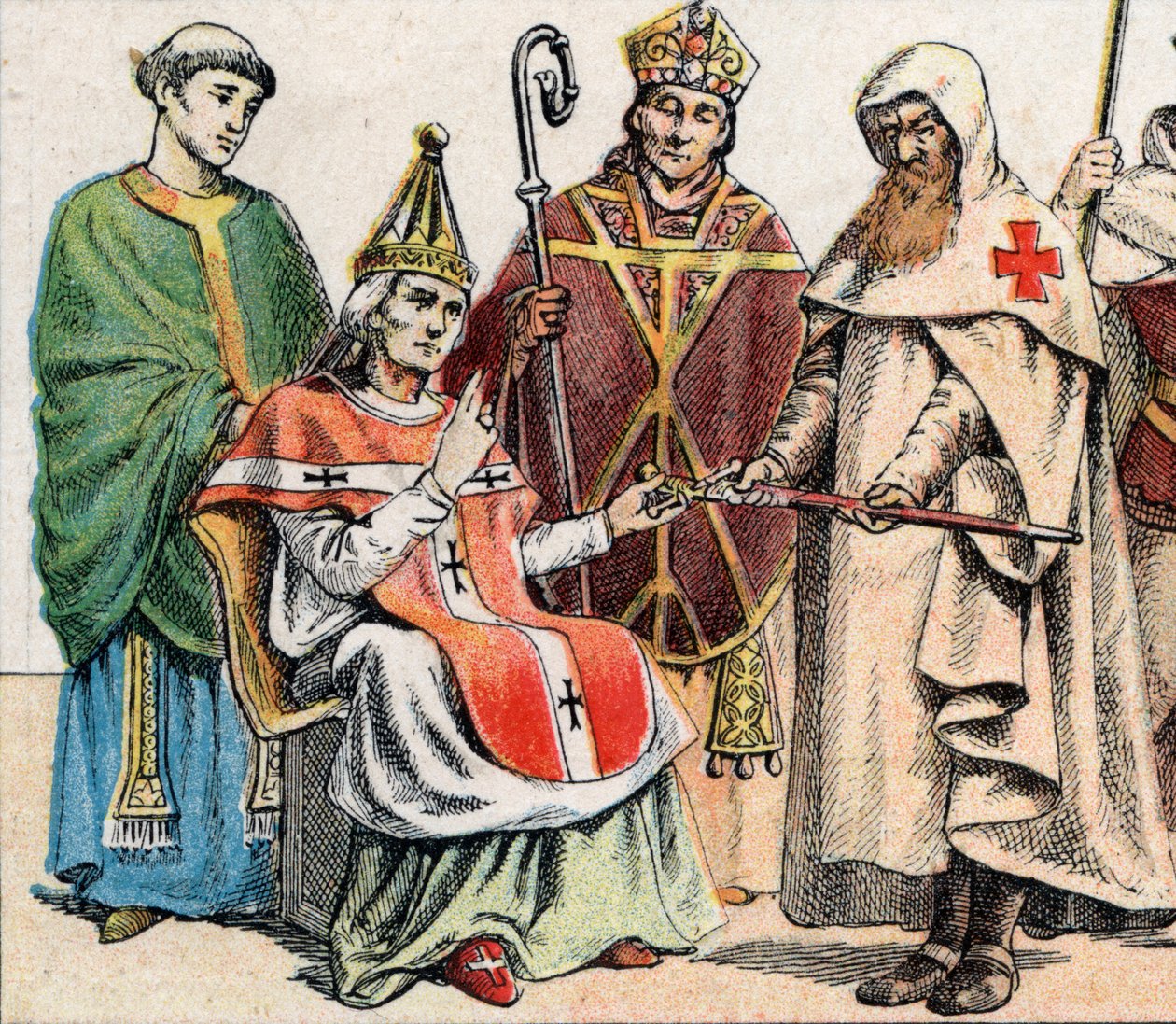 Religious costumes in the Middle Ages portrait of a priest of the 10th century a pope in the 11th century a bishop in the 12th century and a member