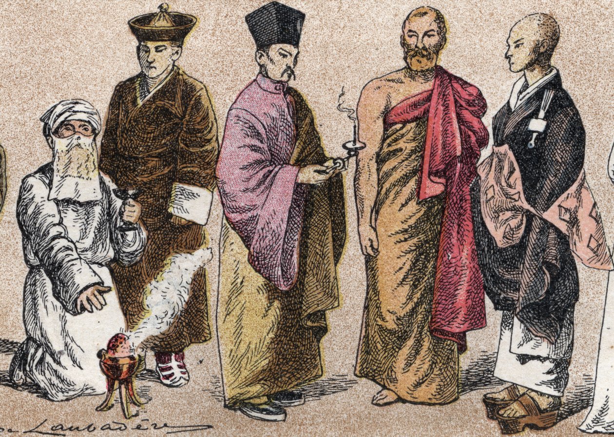 Religious costumes of Asia: portrait of a Parsi priest, Lama, Chinese Buddhist priest, Ceylon bonze, and Japanese Buddhist priest by French School