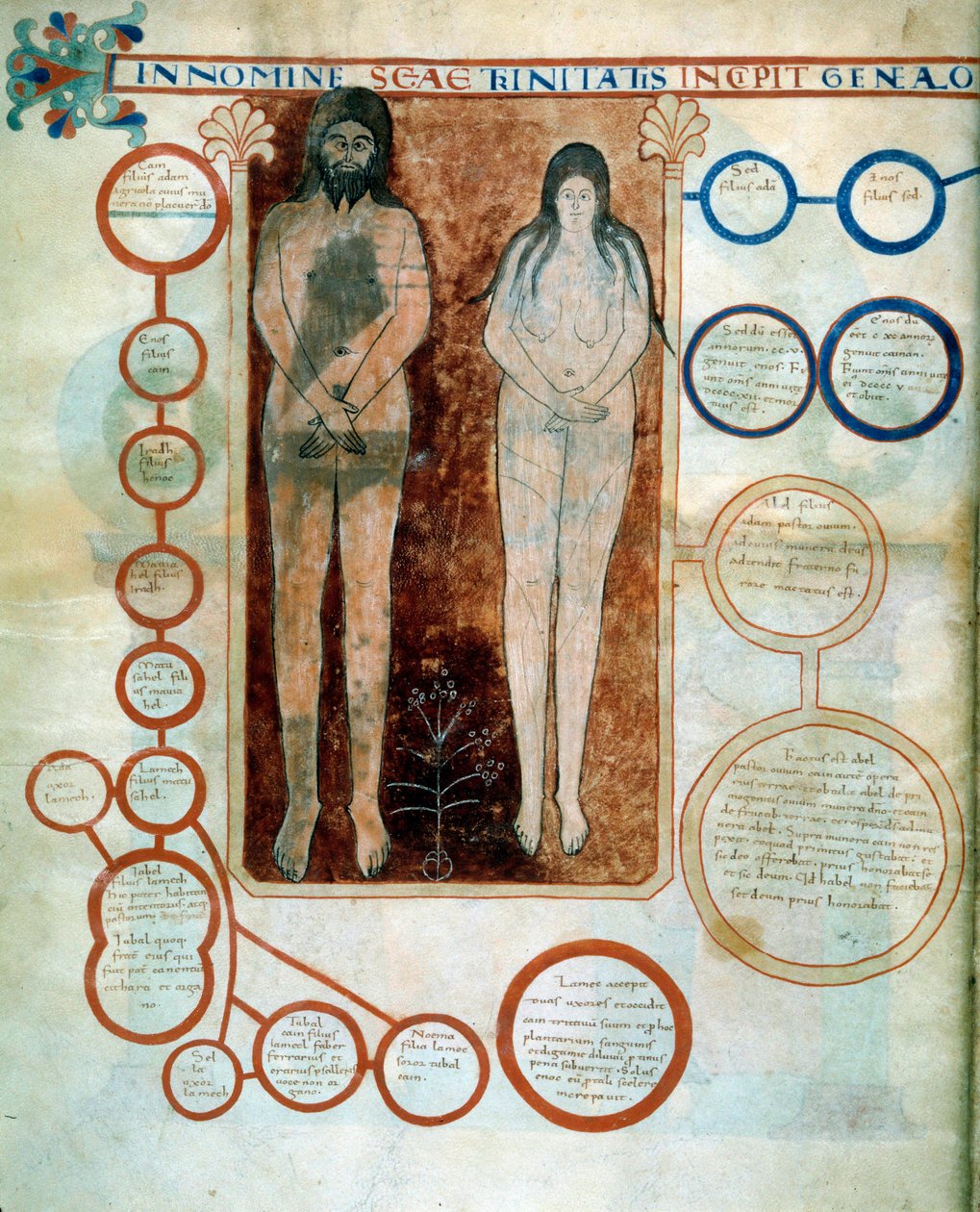 Representation of Adam and Eve, the red medallions represent the line of Cain, destroyed by the Deluge. Miniature illustrating the comments of 
