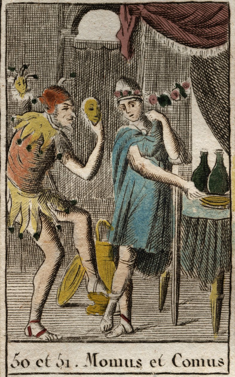 Representation of Comus, divinity of gourmets and cuisine, he presides feasts, represented leaning on a stake with a torch and Momus, personification of mockery and sarcasm, represented as a court jester. From 