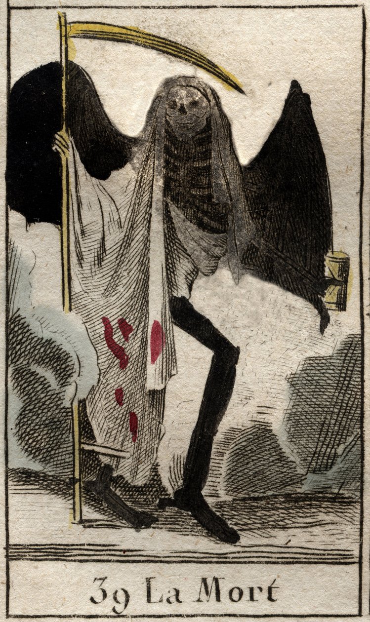 Representation of Death, winged skeleton dressed in black, holding a scythe. From 
