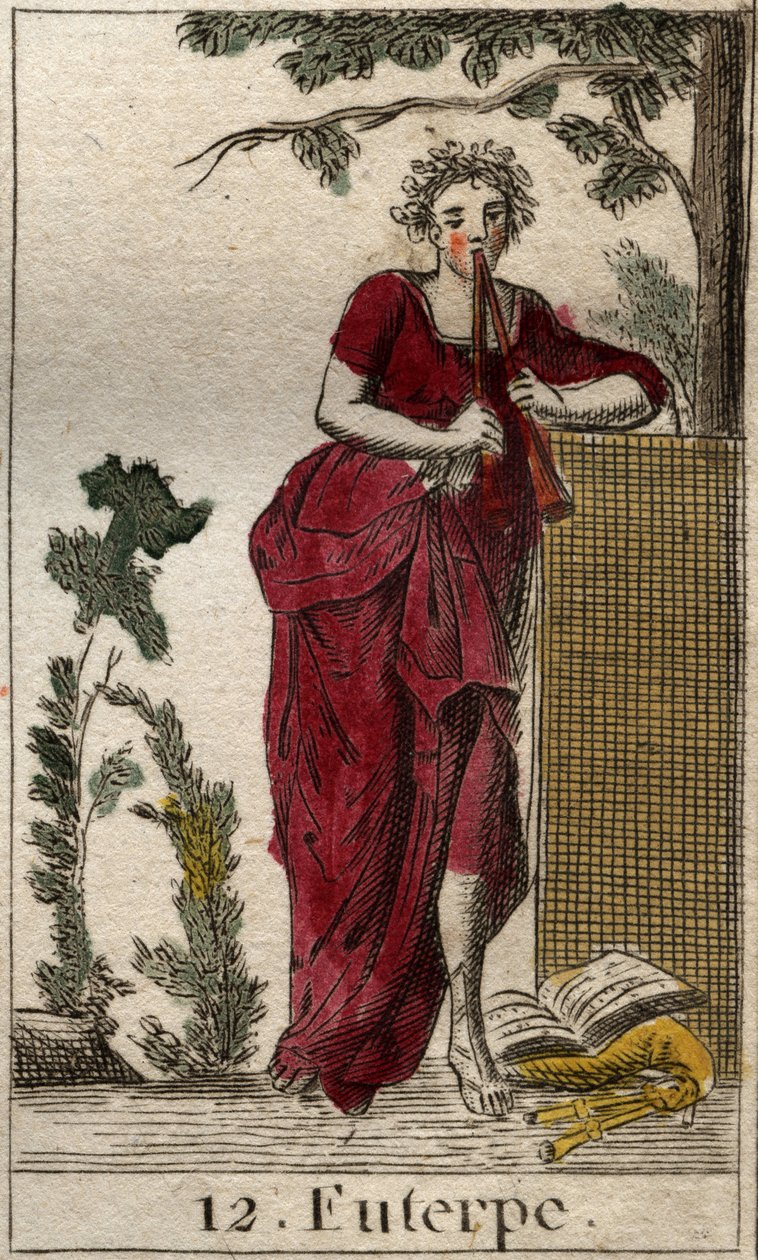 Representation of Euterpe, Muse of Music, Surrounded by Music Books and Playing Double Flute (Aulos). From 