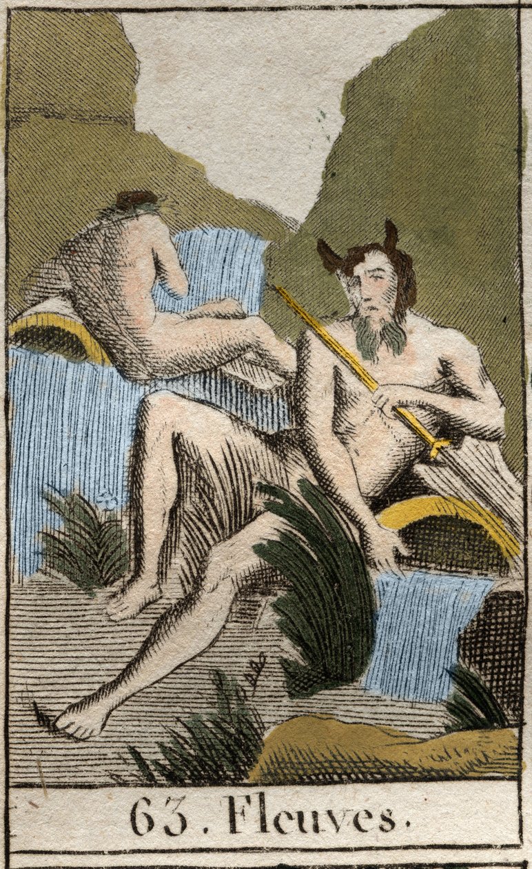 Representation of Rivers, old men with wet beard and hair, sitting near overturned urn. From 