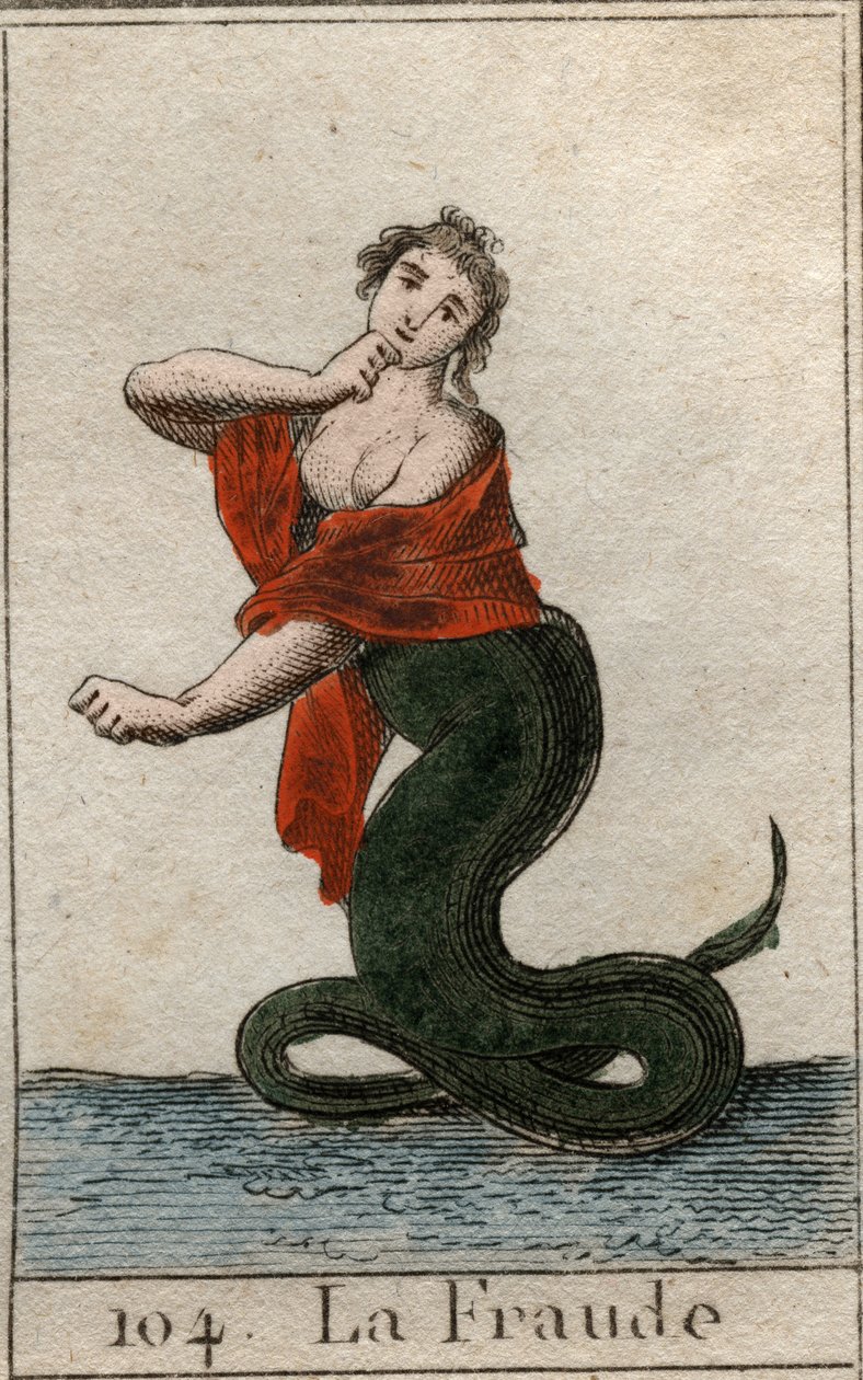 Representation of cheating (dishonesty), as a dangerous snake with a smiling head of woman. From 