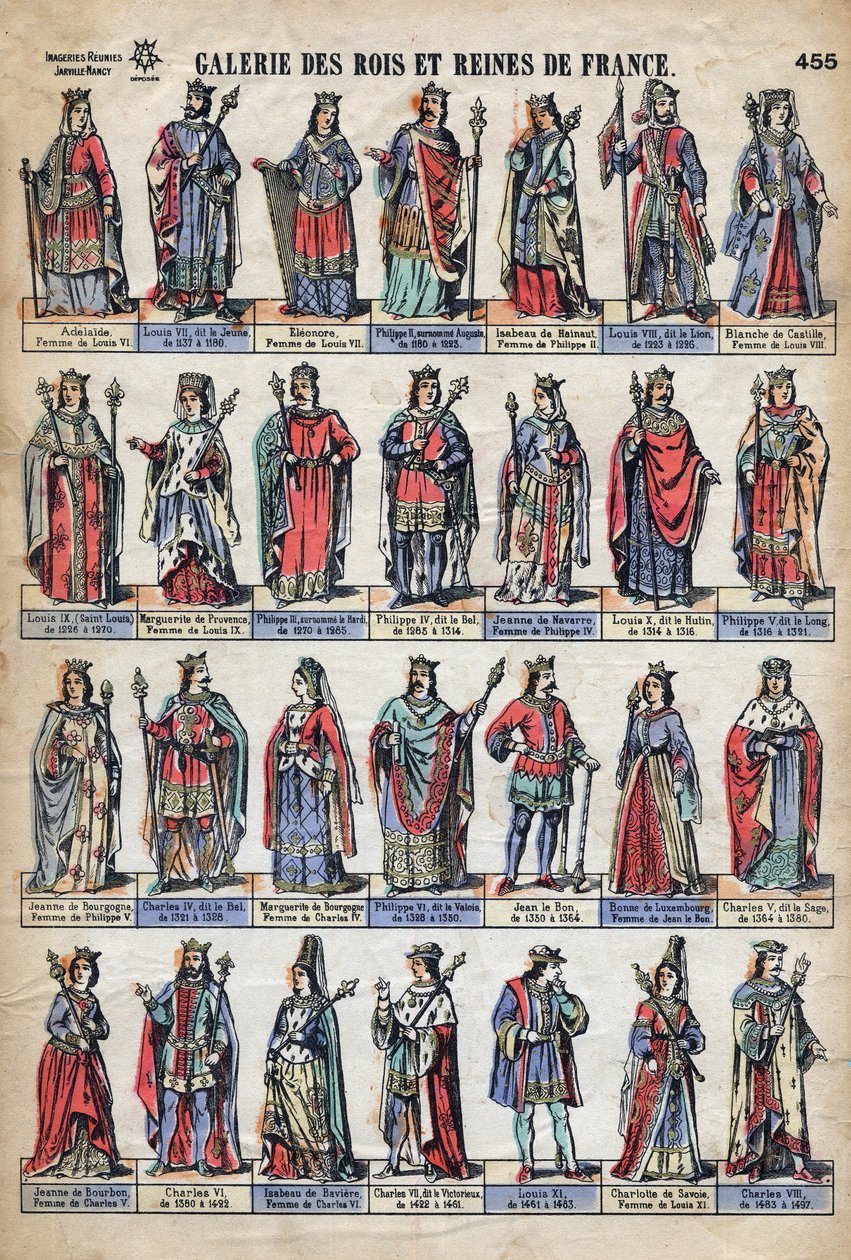 Representation of kings and queens of France from the Capetian dynasty (from Louis VII to Charles VIII). Illustration late 19th century by French School