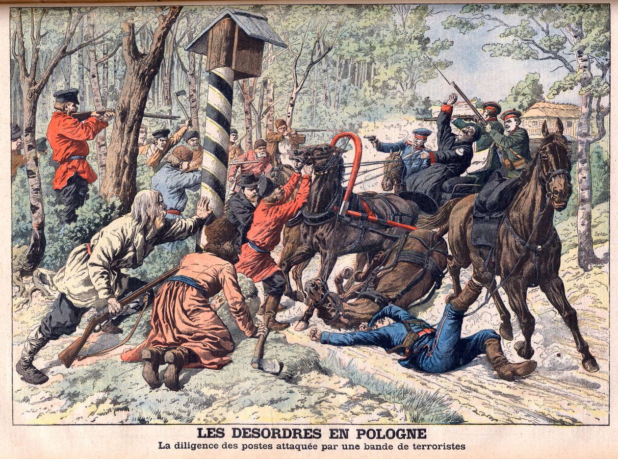 Revolutionary in Poland - Terrorists attacking a mail coach in Poland. Illustration for Le Petit Journal by French School