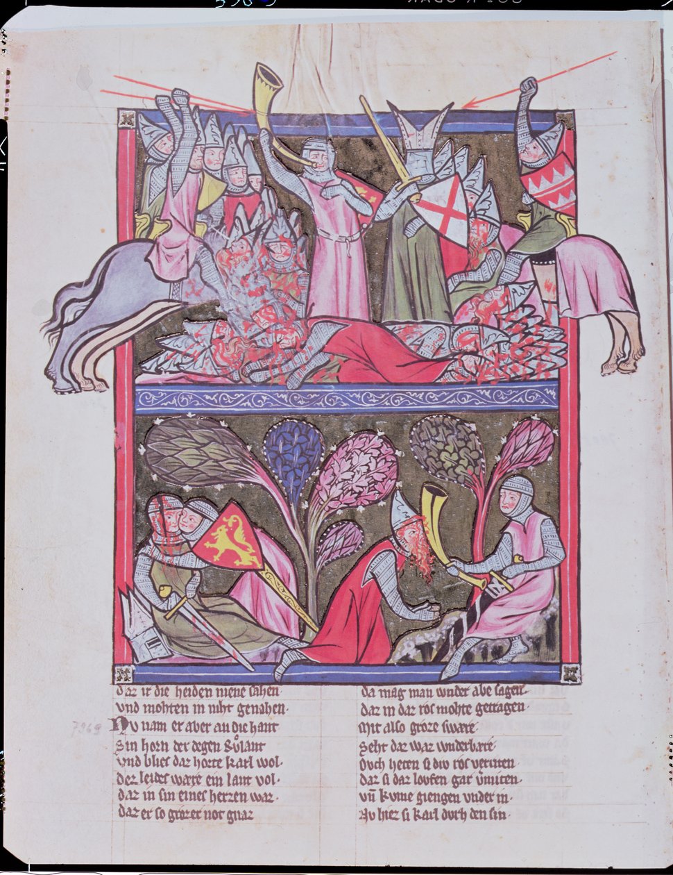 Roland blows the horn at Roncevaux, illustration from Le Chanson de Roland, copy of an original manuscript conserved at Saint-Gall in Switzerland by French School