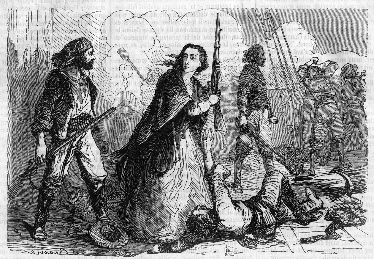 Memorials of Joseph Garibaldi by Alexandre Dumas. Anita Garibaldi taking part in the battle, with a rifle in hand. Engraving in Les bons romances by French School