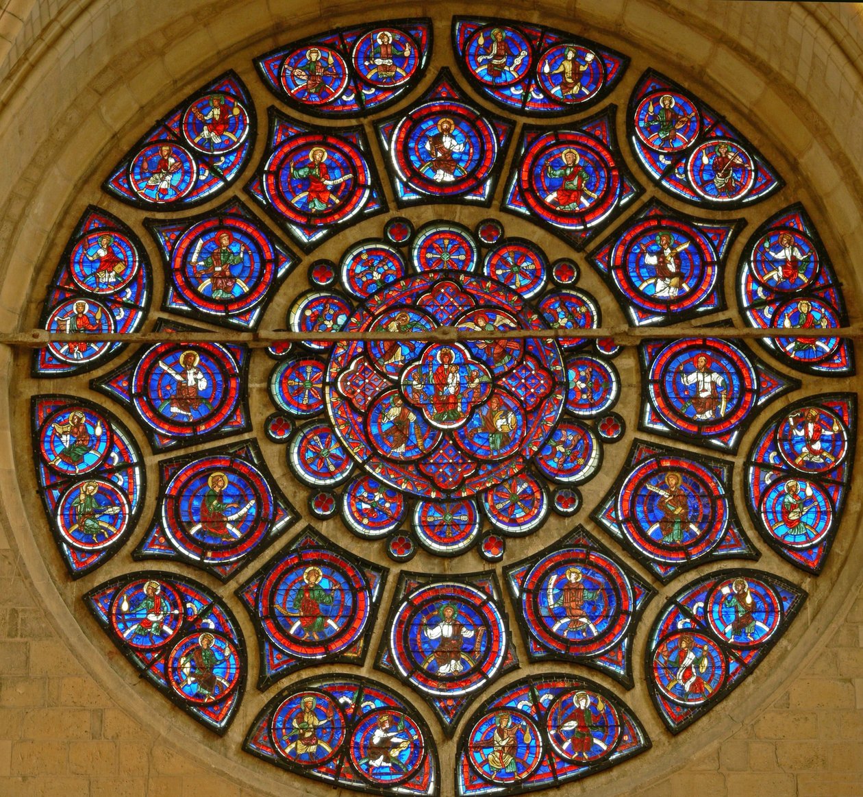 Rose Window Depicting the Virgin Mary Surrounded by the Twelve Apostles and the Twenty-Four Elders of the Apocalypse (Stained Glass) by French School