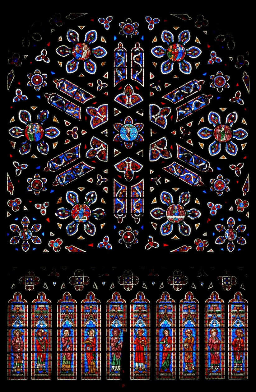 Rose window with the Crucifixion surrounded by scenes from the Resurrection by French School