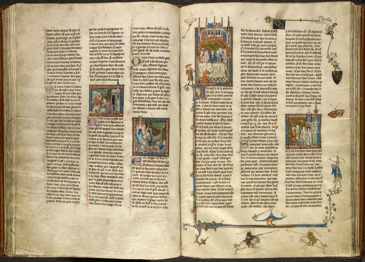 Lancelot Removing the Head of His Decapitated Grandfather, the King, Out of a Boiling Well; a Building Collapsing on Two Knights. On the Right, Miniature of Arthur and Guinevere Seated at a Banquet, from 