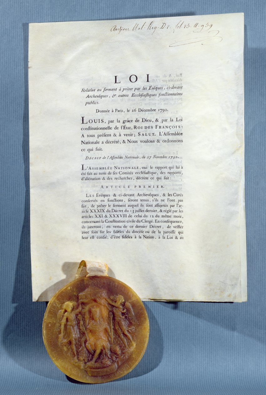 Royal Decree of Louis XVI affirming the obligation of French bishops and priests to swear an oath of allegiance to the Civil Constitution of the Clergy, 16th December 1790 by French School