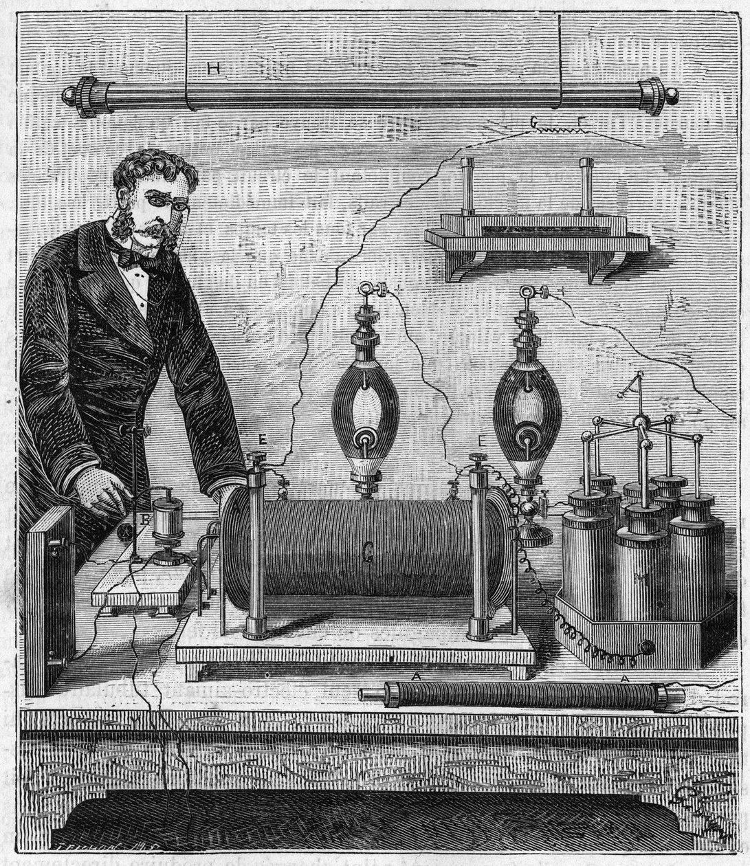 Ruhmkorff inductor - The induction coil by Ruhmkorff (Heinrich Daniel Ruhmkorff) - Engraving in Sciences made available to everyone - physics and chemistry by Alexis Clerc - End 19th century - Private collection by French School