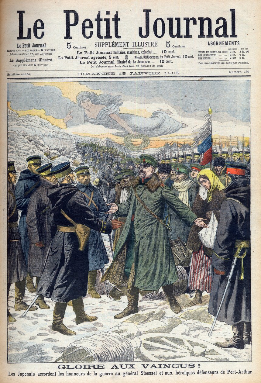 Russian-Japanese War 1904-1905: Japanese allowing General Stoessel and the Russian defenders of Port Arthur honorable surrender. From Le Petit Journal, Paris by French School