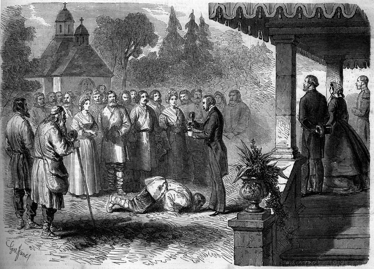 Russian custom: ceremony of emancipation of a serf. As a sign of submission, the freed serf kisses his lord