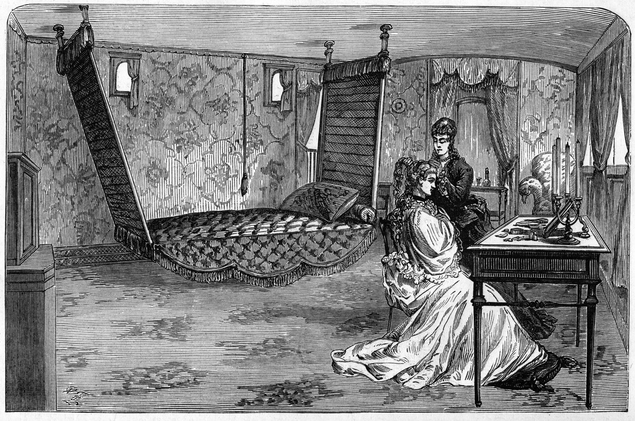 Russian imperial train used by the Duke and Duchess of Edinburgh in 1874: the bedroom wagon. Engraving in Le Monde Illustré n°886 of 6 April 1874 by French School