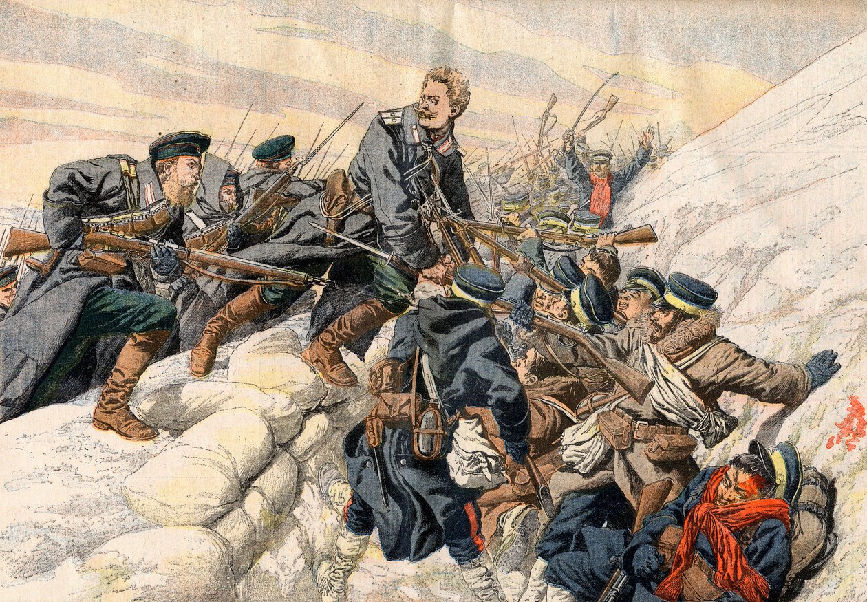 Russo-Japanese War - Fighting in the trenches at Port Arthur. The heroic death of Russian Lieutenant Alexander. Illustration for Le Petit Journal by French School