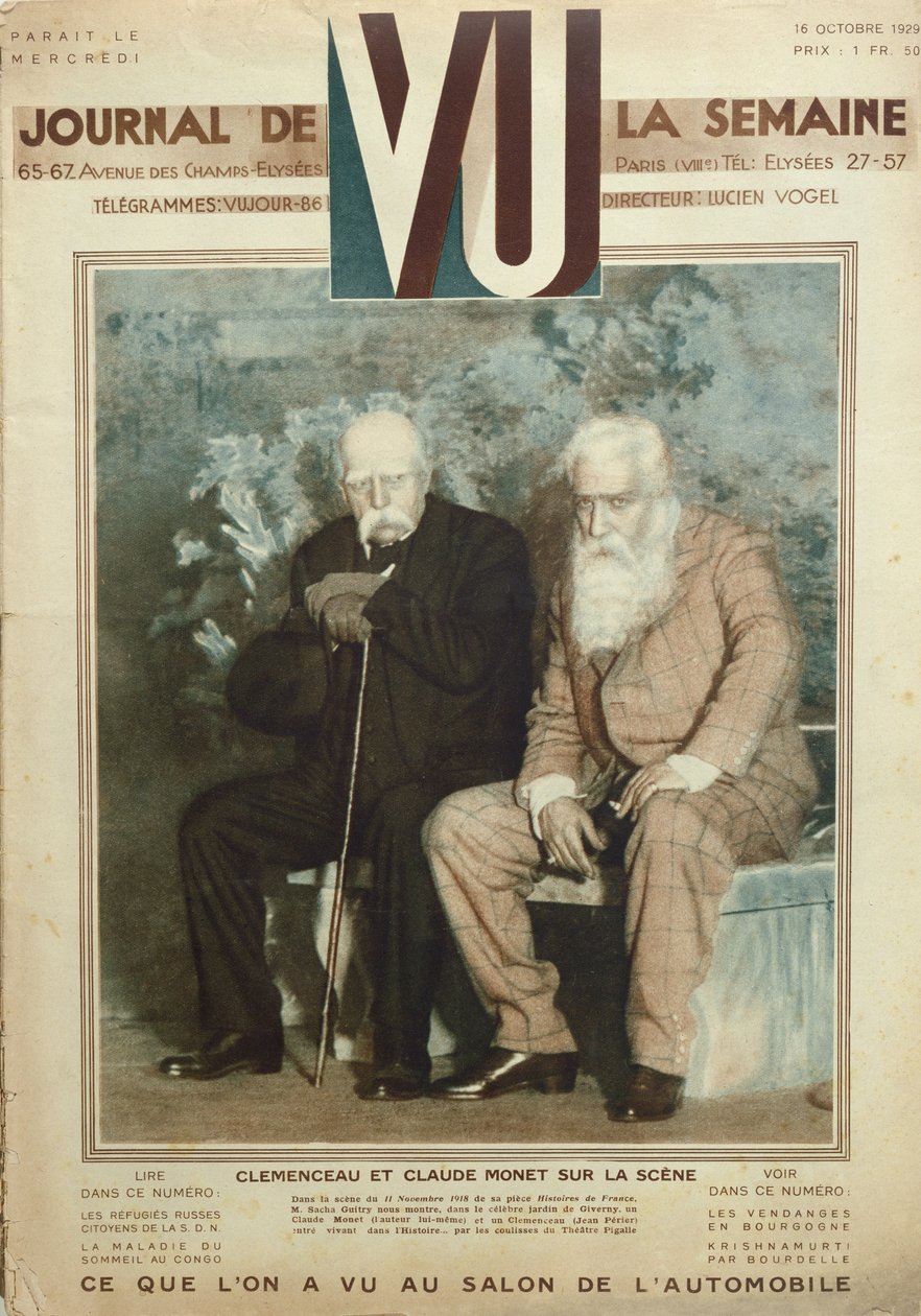 Sacha Guitry (1885-1957) acting as Claude Monet (1840-1926) and Jean Perier as Georges Clemenceau (1841-1929) in a scene from Histoires de France, from Vu magazine, 16th october 1919  by French School