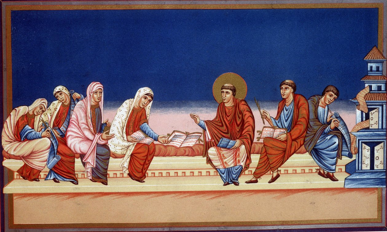 Saint Jerome explaining the Gospel to Eustochia and Paule, 9th century by French School