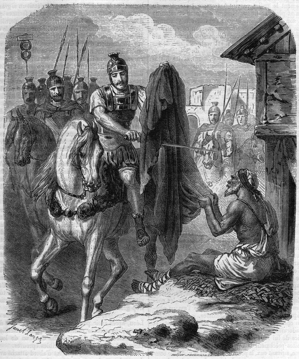 Saint Martin of Tours making two pieces of his coat to give it to a poor man. Engraving in Histoire des Papes-Rois-Queen and Empereurs a travers les centuries by Maurice Lachatre by French School