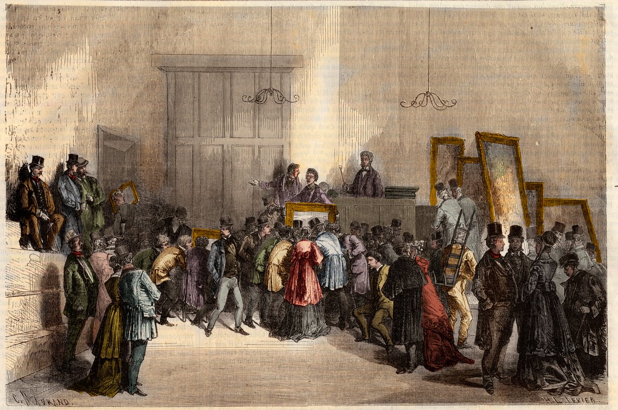 Sale of paintings at the hotel of auctioneers in Paris in 1868. Engraving in 