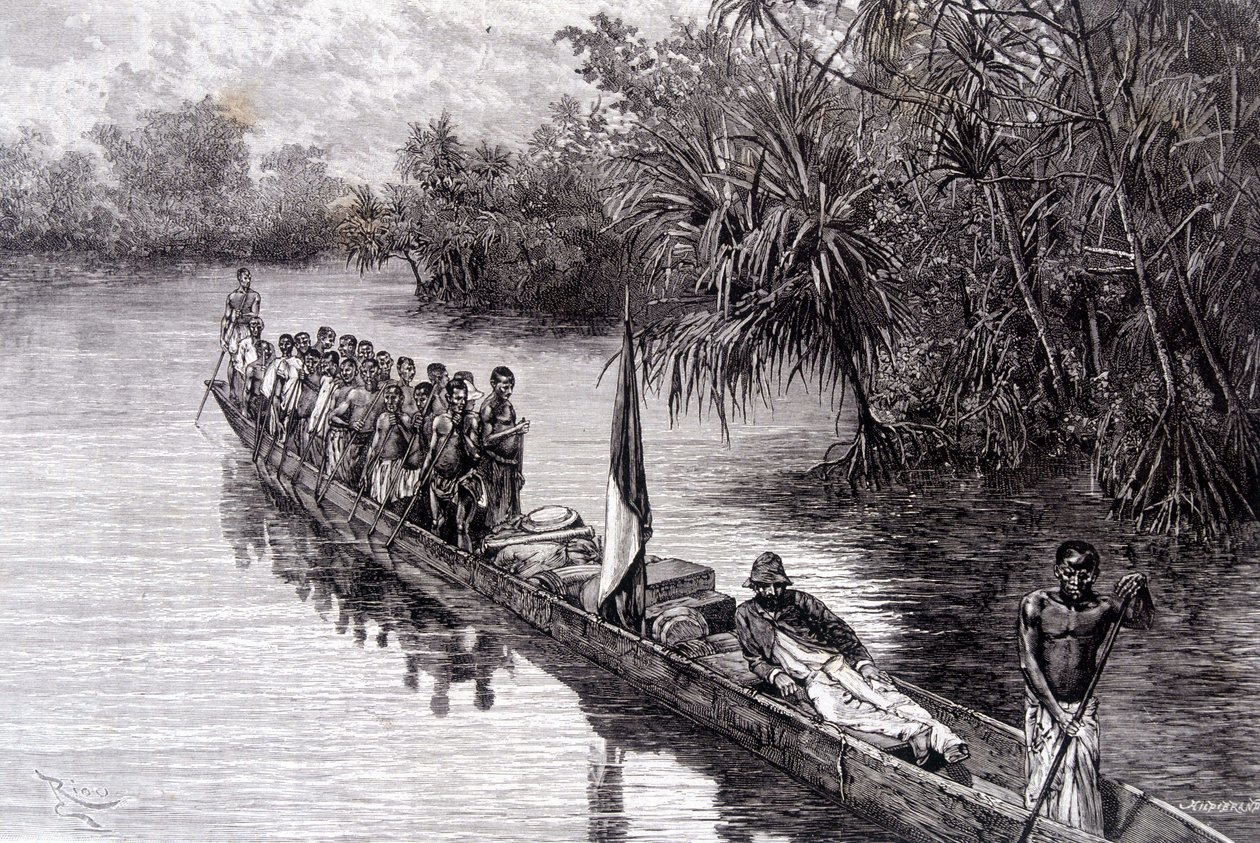 Savorgnan de Brazza in a canoe in the pandanus of West Africa - in 