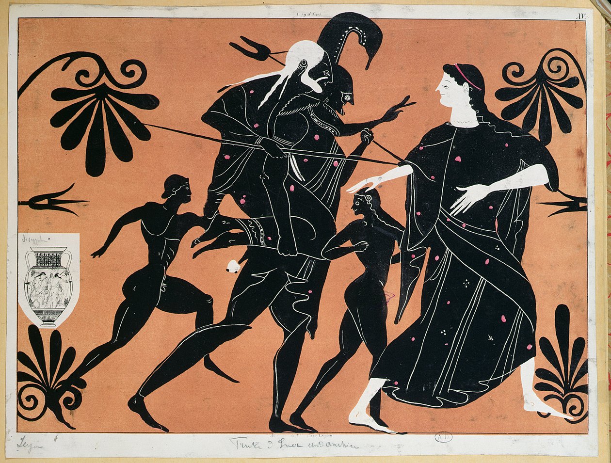 Scene from an Ancient Greek Vase Depicting the Flight of Aeneas from Troy by French School