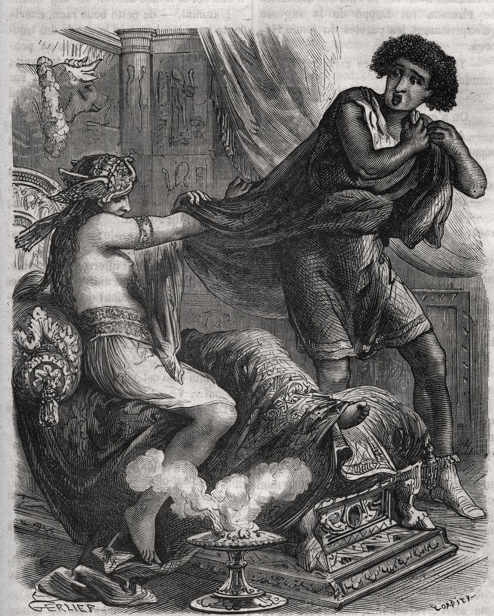 Scene from the Bible: She grasped the too virtuous young man by his tunic. The wife of Potiphar tries to seduce Joseph, a slave of the pharaoh. Engraving from 1871 in Histoire Des Cocus Celebres by Henry de Kock (1819-1892) by French School