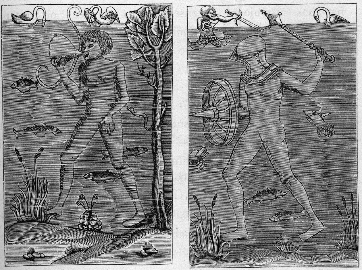 Sea soldier: the diver and the man of arms. Engravings from wood figures of the 16th century. In La Marine et les colonies: commerce by French School
