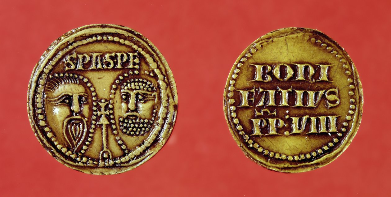 Seal with the heads of St. Paul and St. Peter, from a bull of Pope Boniface VIII, recto and verso, 1295 by French School