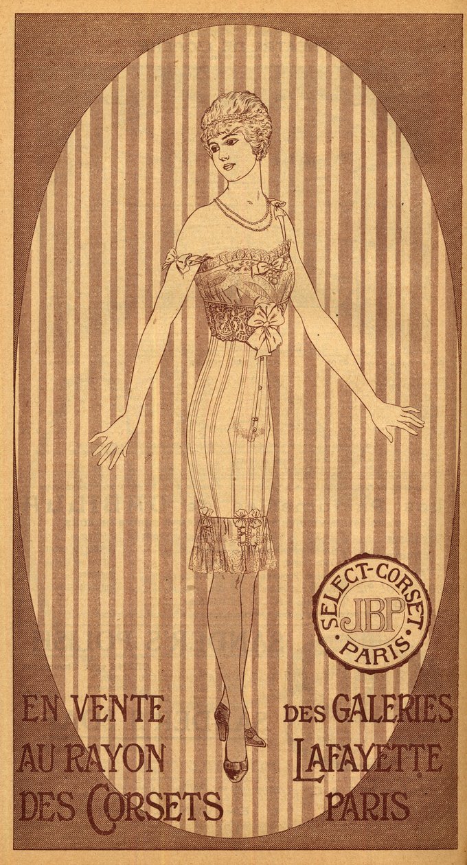 Select JPB corset for sale in the corset department of Galeries Lafayette in Paris - 1914 by French School