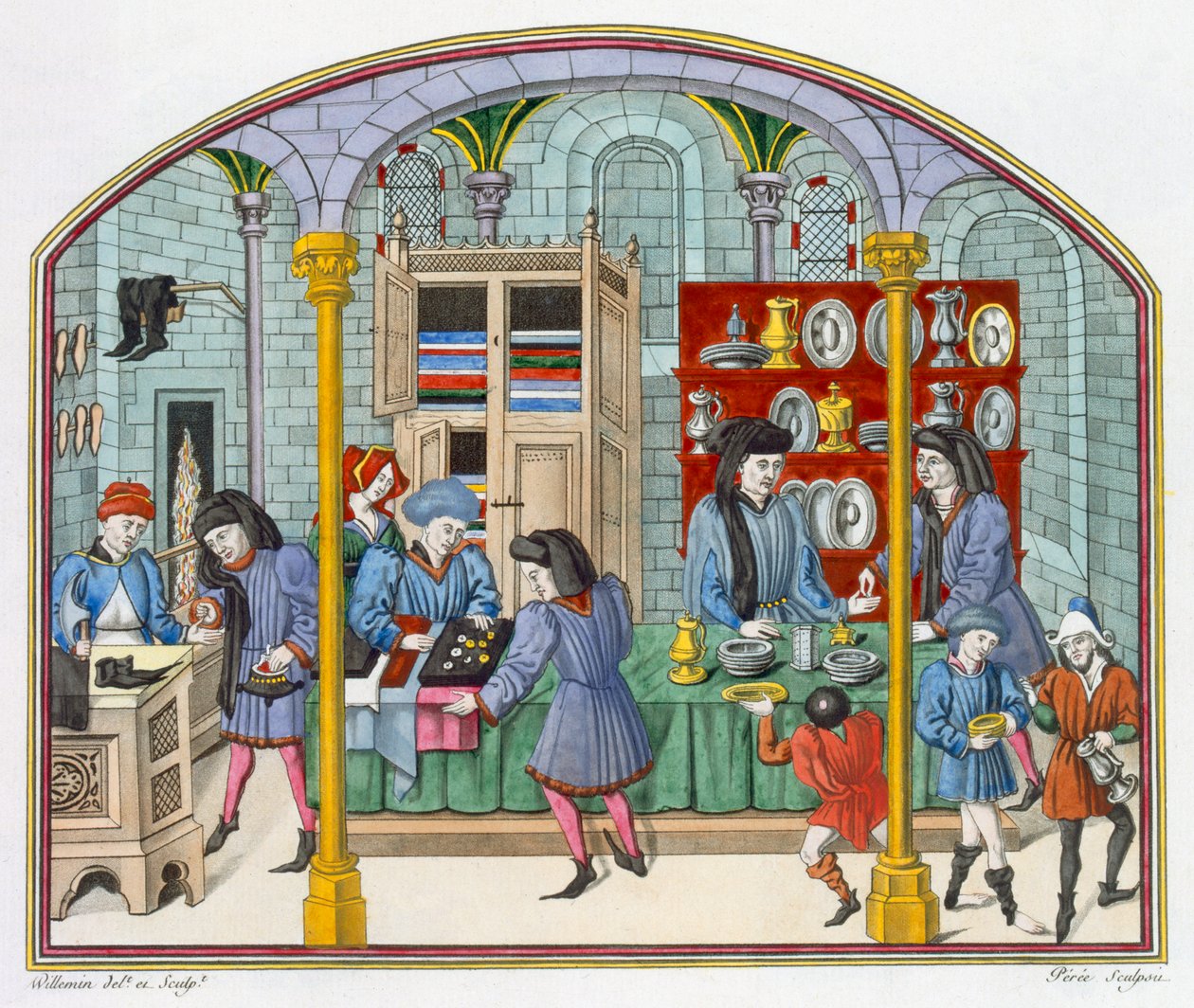 Shops under a Covered Market, after a miniature in a 14th century translation of Aristotle