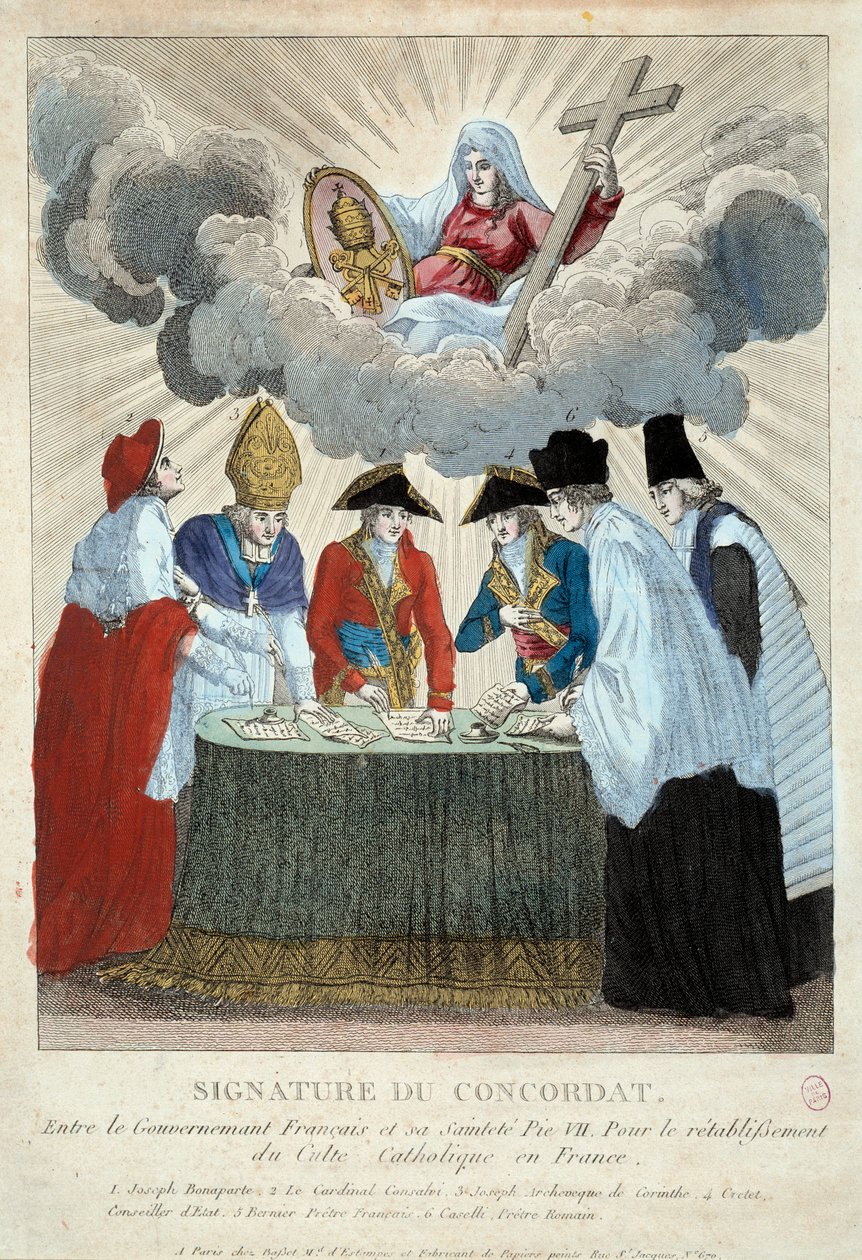 Signature of the Concordat of 1801 on 15/07/1801: it is signed between the French government (here represented by Joseph Bonaparte) and the Holy See (represented by Cardinal Consalvi for Pope Pius VII). 1801 Paris, Musee Carnavalet by French School