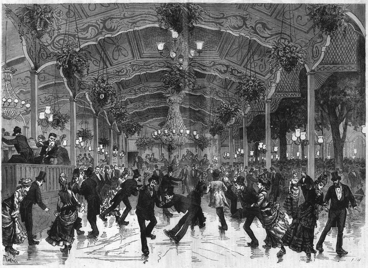 Skating rink in Bullier. Track to dance in roller skates at Bal Bullier in Paris. Engraving in "The Illustrous Universe" by French School