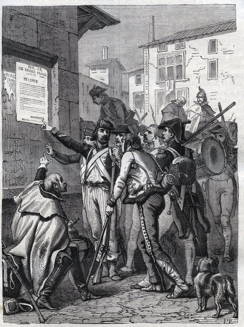 Soldiers, your needs are great: French soldiers reading the proclamation of General Bonaparte in November 1799 - Engraving of 1865 in Histoire du Consulate et de l