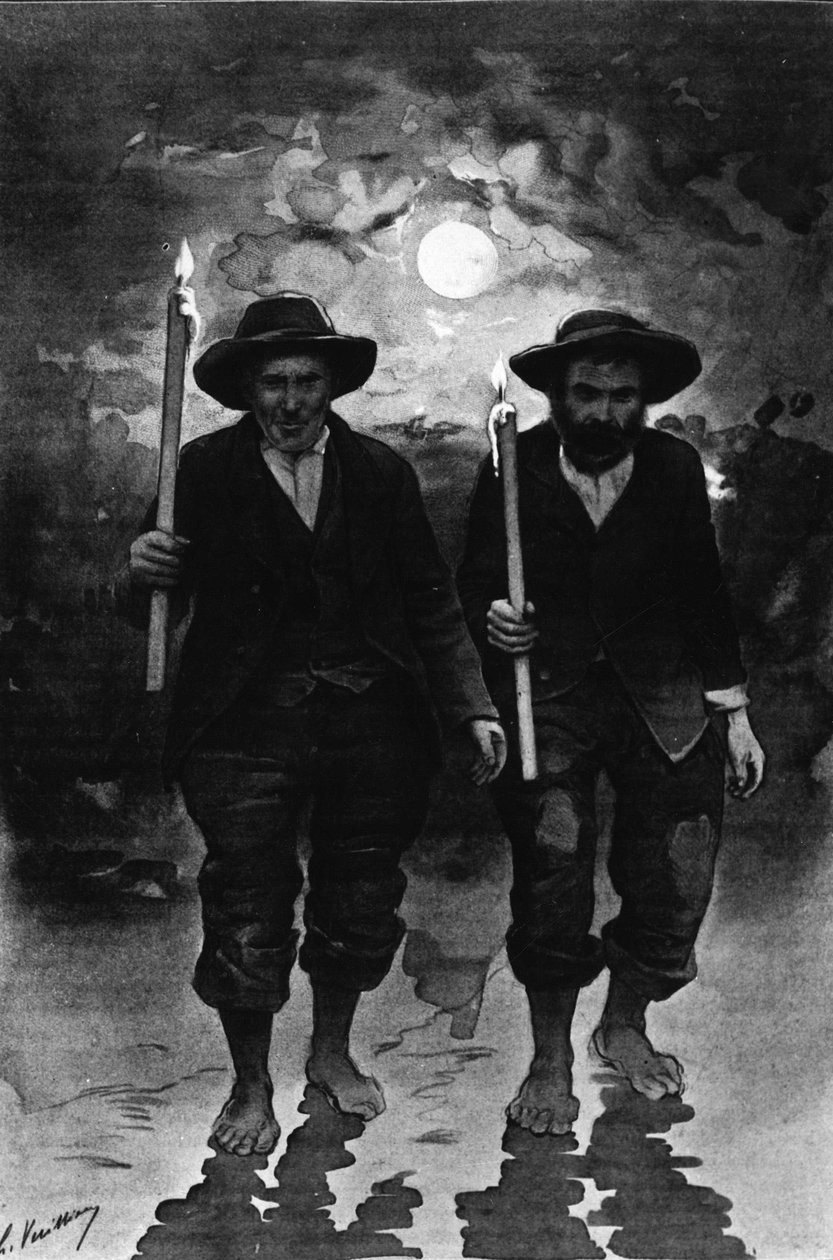 Source and Sick: Two Men, One Night Full Moon, Each Holding a Candle and Walking Barefoot (Procession?) - in 