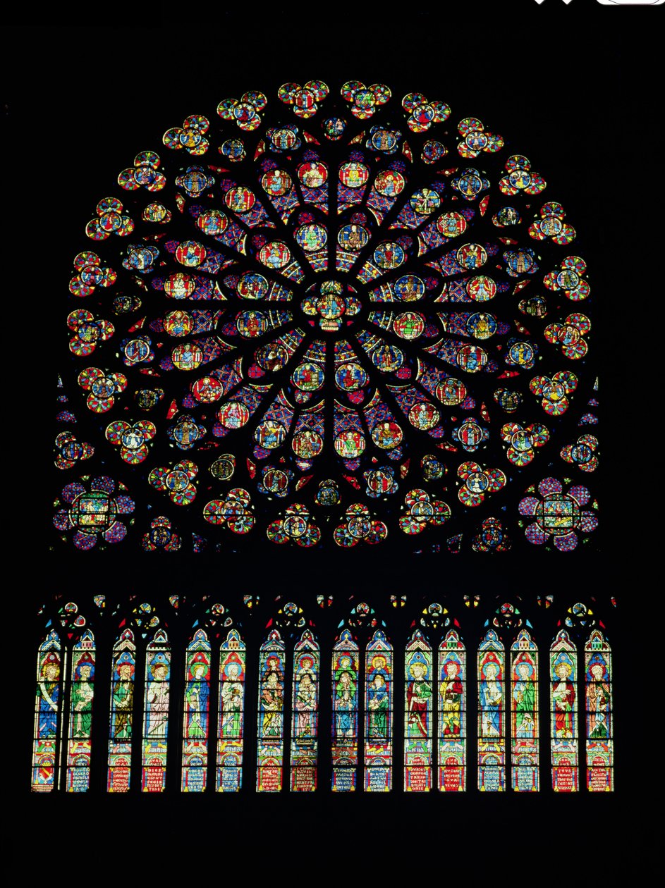 South transept rose window depicting Christ in the centre surrounded by saints and the twelve apostles by French School