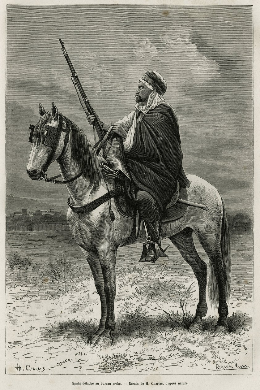 Spahi, efficient rider and dread contributing to the conquest of Algeria, at the service of France. Engraving after a drawing by H. Charles, to illustrate the story Tebessa and its monuments (Algeria), by A. Heron de Villefosse by French School