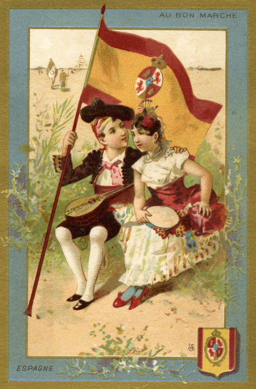 Spanish boy and girl, from a series of illustrations of children from different countries, produced as promotional cards for the Bon Marché Department Store in Paris, c.1890 by French School