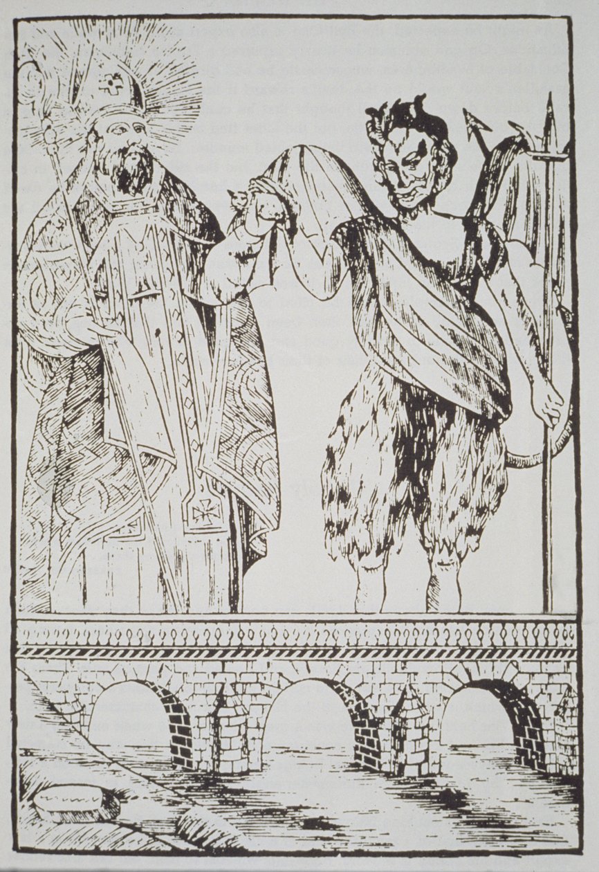 St. Cado and the Devil, copy of a popular French print, illustrated in a history of magic published late 19th century by French School