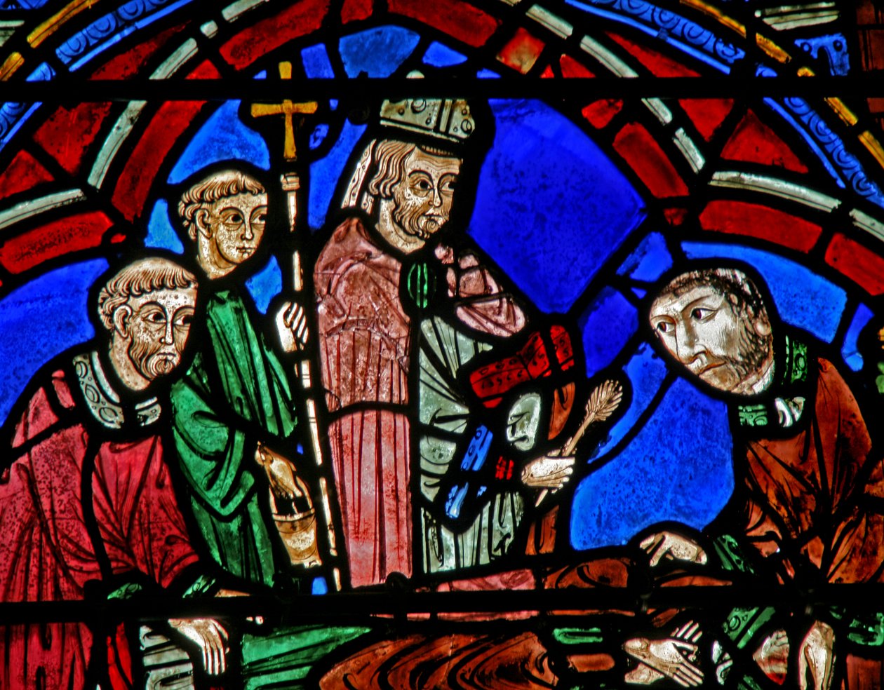 St Cheron window: bishop and deacons at his new tomb by French School