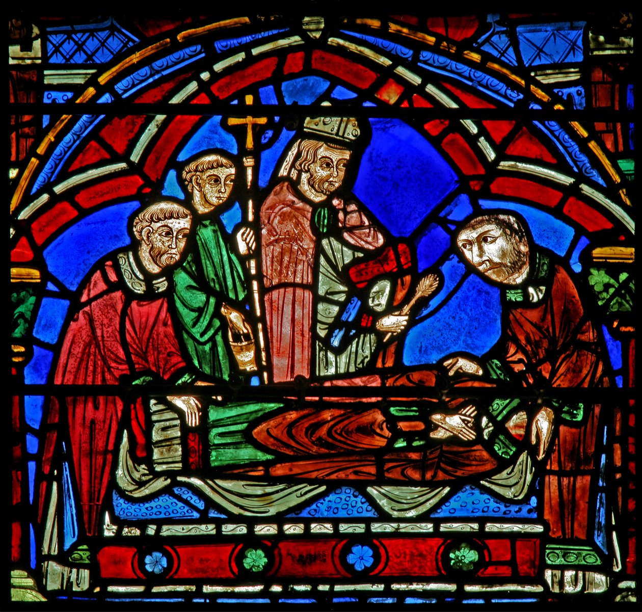 St Cheron window: bishop and deacons at his new tomb by French School
